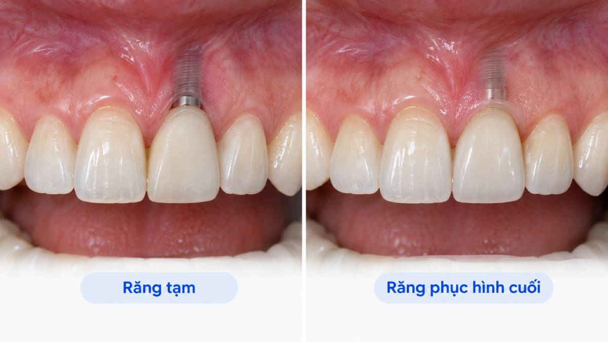 Răng tạm hỗ trợ thẩm mỹ trong giai đoạn điều trị; mão răng cuối được hoàn thiện sau khi bác sĩ đánh giá Implant và mô quanh trụ.